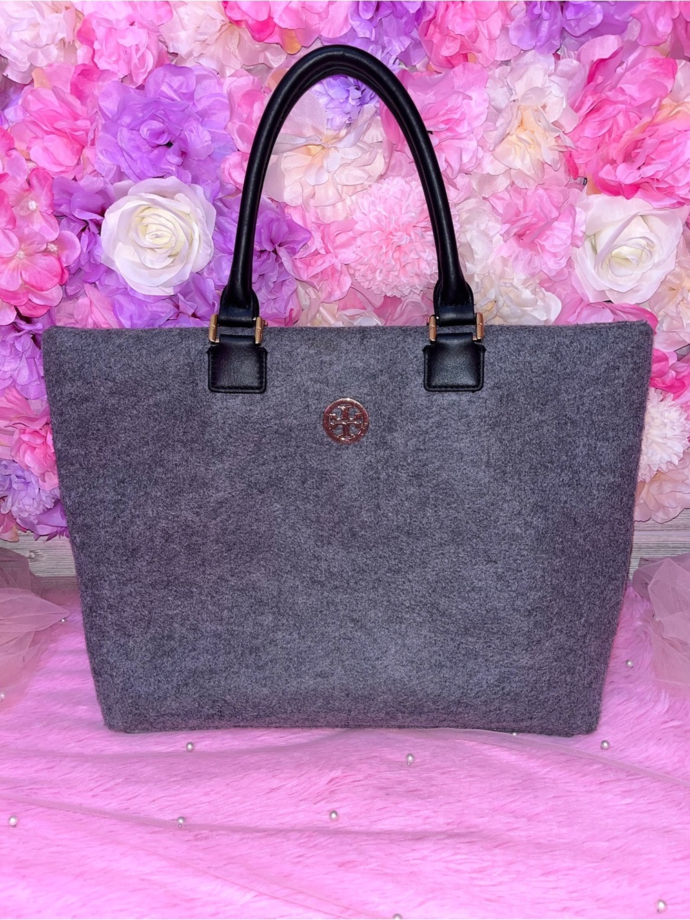 Tory Burch Gray Felt Tote Bag with Black Leather Handles